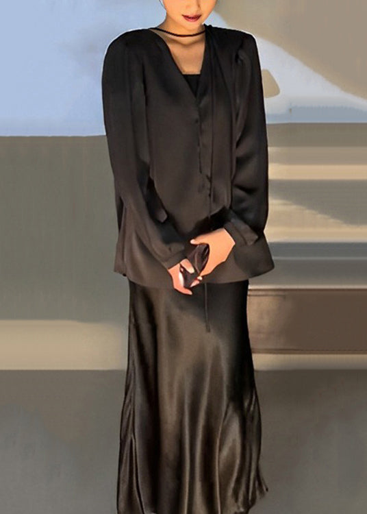 French Black V Neck Shirts and Spaghetti Strap Dress Patchwork Silk Two Pieces Set Fall