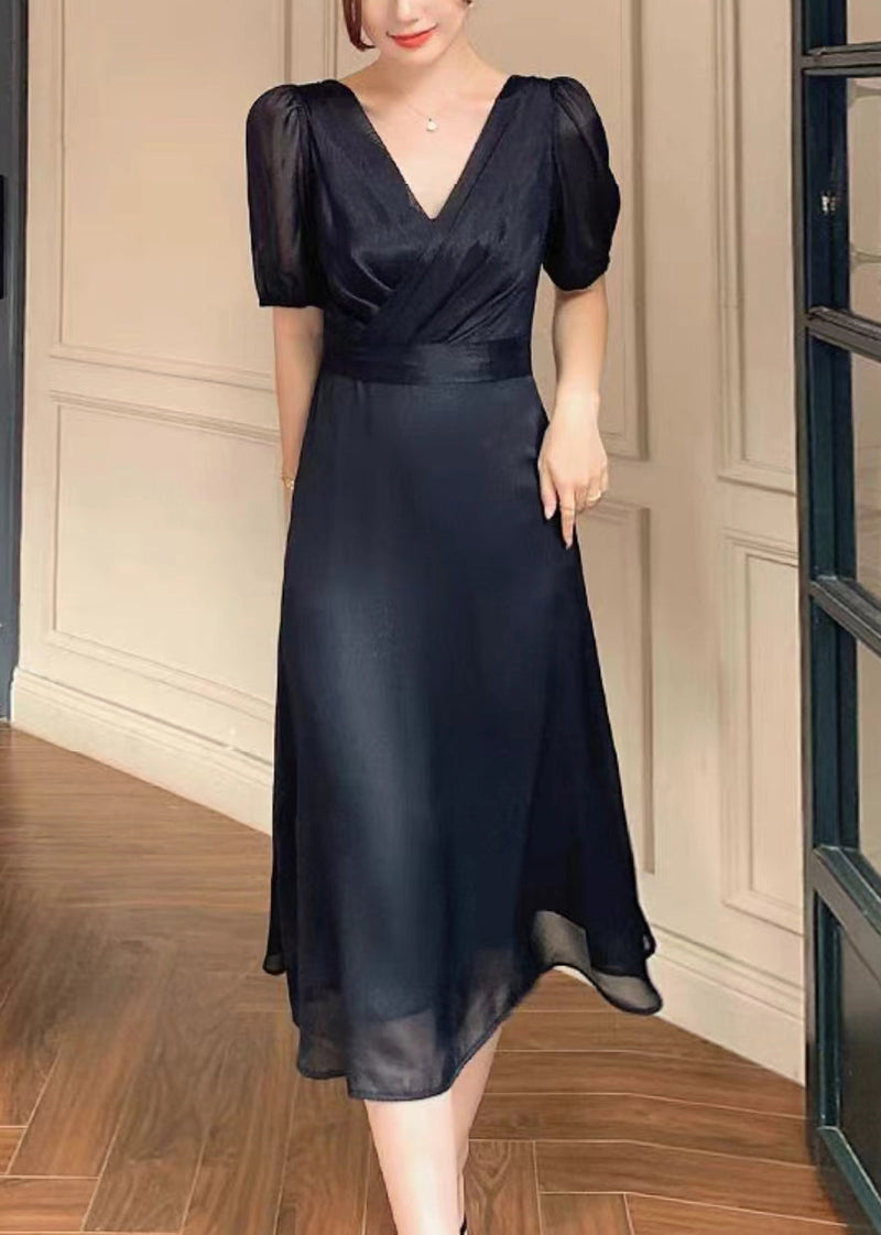 French Black V Neck Silk Long Dresses Summer