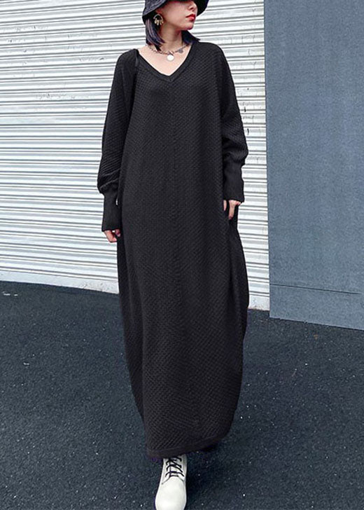 French Black V Neck Knitting Cotton Fall Knit Dress