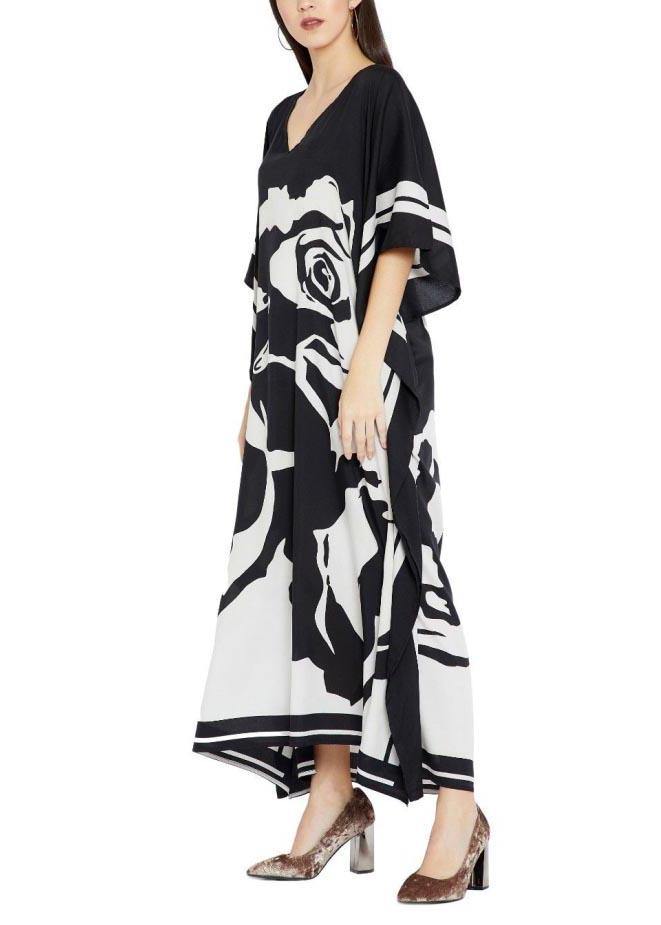 French Black White Half Sleeve Kimono Robe Mid Chiffon Dress