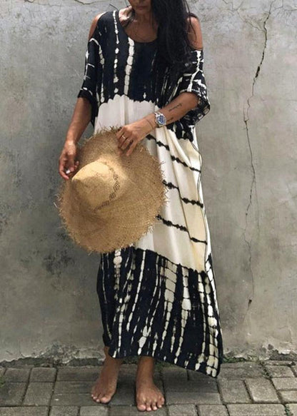 French Black White Tie Dye Cold Shoulder Kimono Robe Cotton Dress