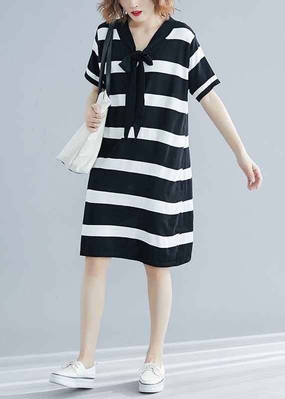French Black White Wide Striped Cotton Bow Summer Dress