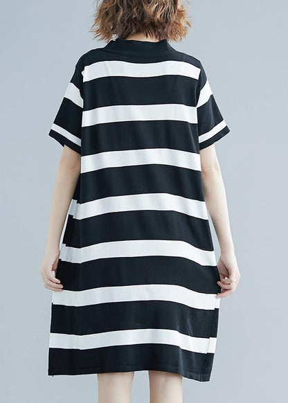 French Black White Wide Striped Cotton Bow Summer Dress