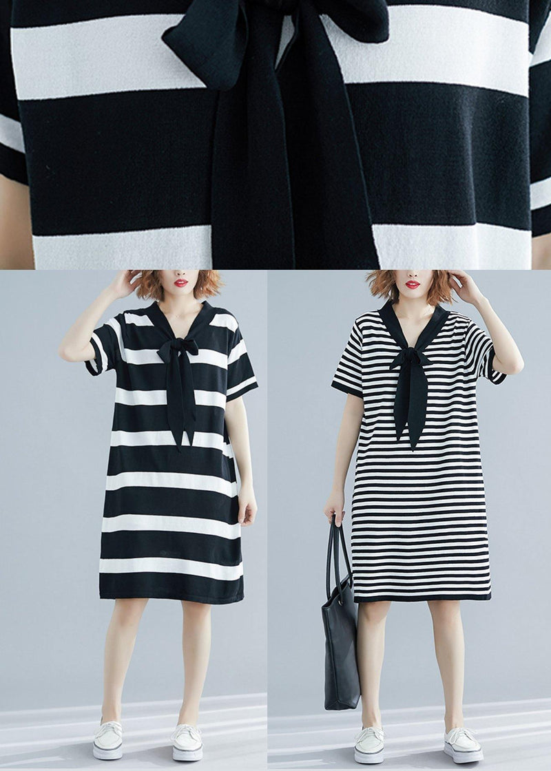 French Black White Wide Striped Cotton Bow Summer Dress
