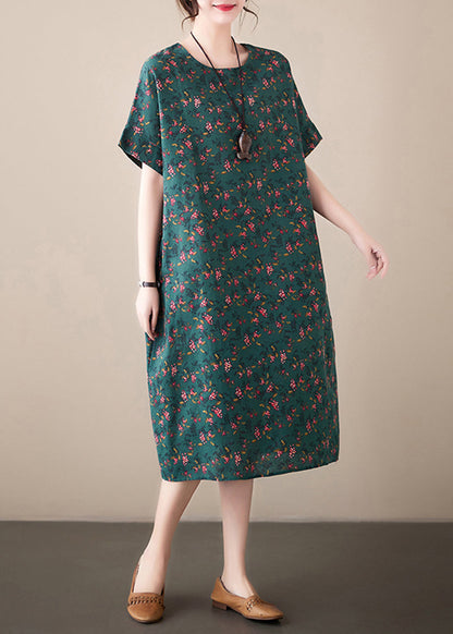 French Blackish Green O-neck Print Linen Dresses Summer