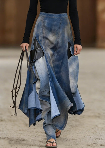 French Blue Asymmetrical Patchwork Denim Skirts Summer