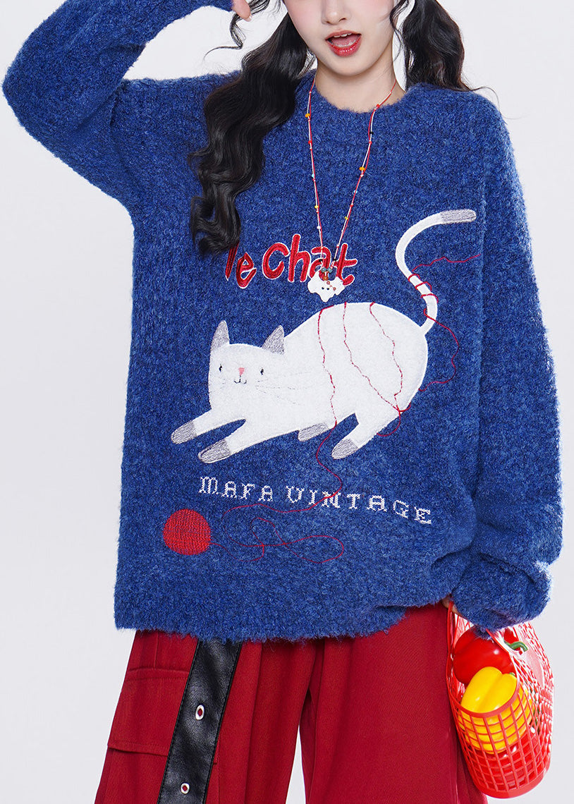 French Blue Embroidered Cat Knit Tops Winter