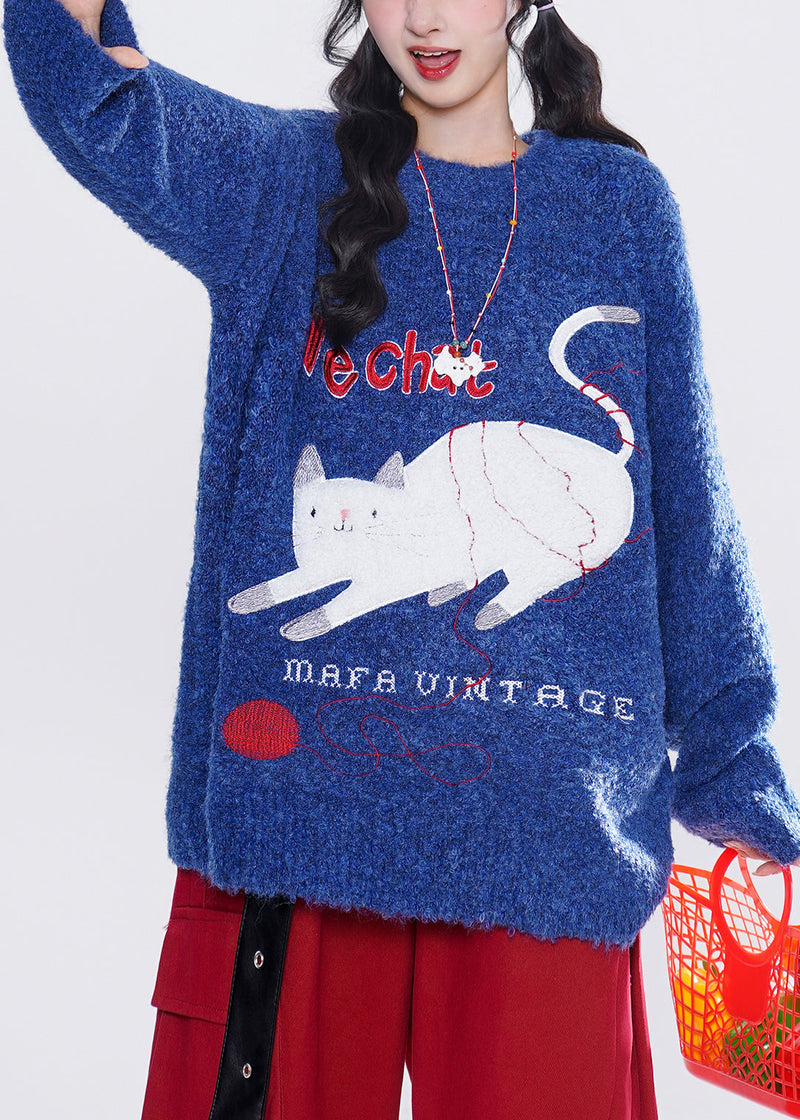 French Blue Embroidered Cat Knit Tops Winter