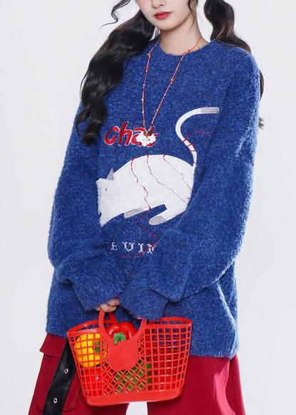 French Blue Embroidered Cat Knit Tops Winter