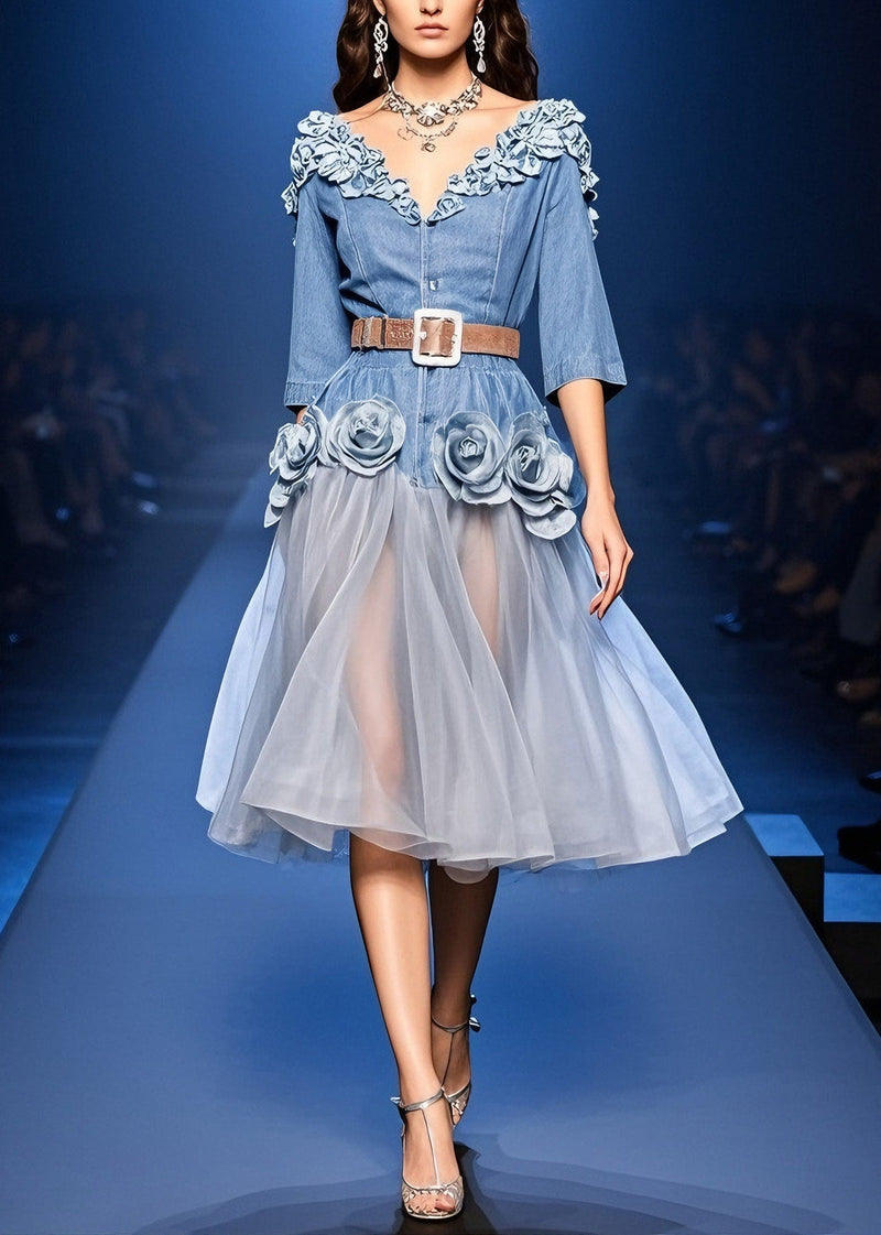 French Blue Tulle Patchwork Denim Dress Summer