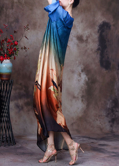French Blue Gradient Color O-neck Print Layered Silk Vacation Dress Half Sleeve
