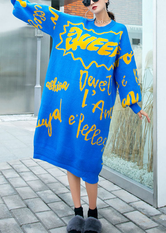French Blue Loose O-neck Knit Fall Sweater Dress