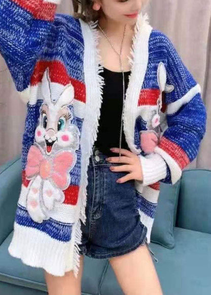 French Blue Loose Patchwork Fall Knit Sweater Cardigans