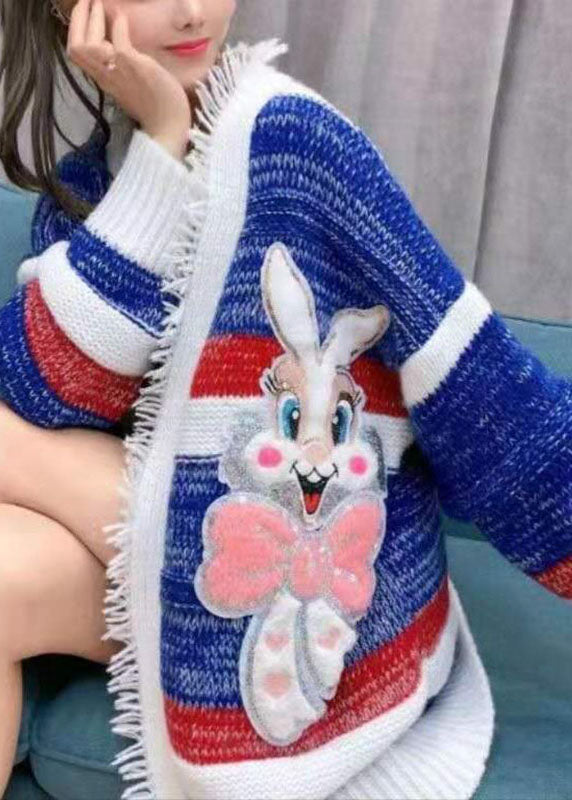 French Blue Loose Patchwork Fall Knit Sweater Cardigans