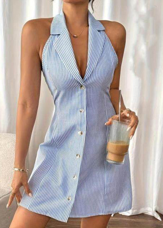 French Blue Notched Striped Button Mid Dresses Sleeveless