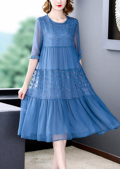 French Blue O-neck Embroidered Patchwork Silk Long Dresses Summer