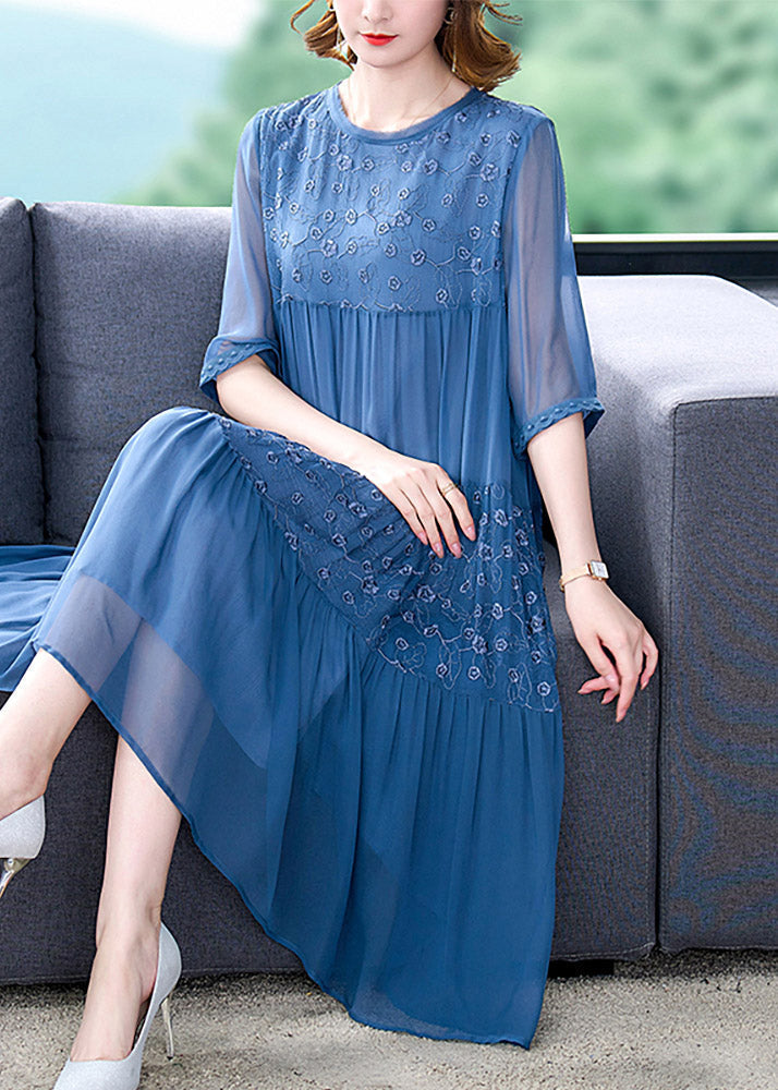French Blue O-neck Embroidered Patchwork Silk Long Dresses Summer
