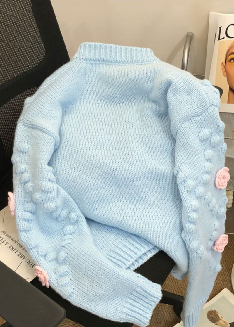 French Blue O Neck Patchwork Knit Cardigans Fall