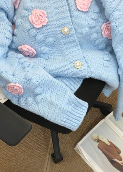 French Blue O Neck Patchwork Knit Cardigans Fall