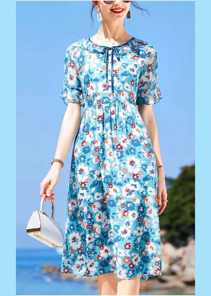 French Blue O-neck Lace Up Print Silk Beach Dress Short Sleeve