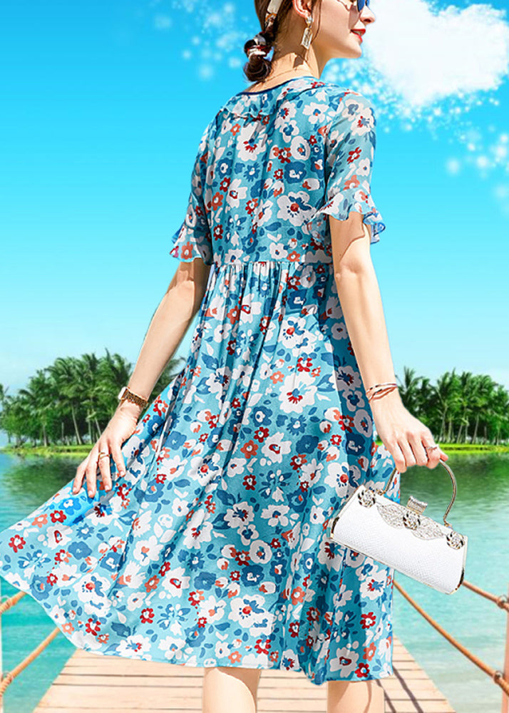French Blue O-neck Lace Up Print Silk Beach Dress Short Sleeve