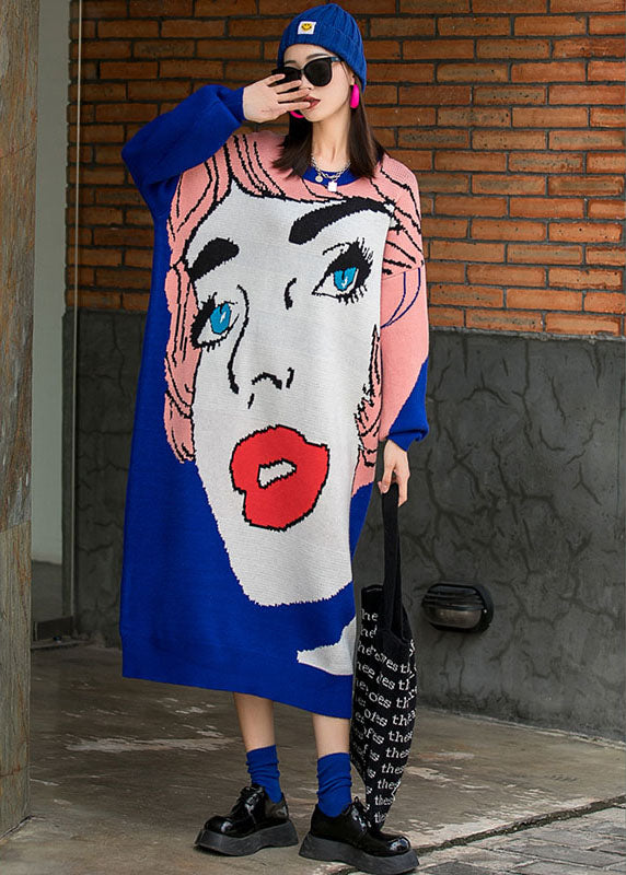 French Blue O-neck Loose Fall Knit Long Dresses Long Sleeve