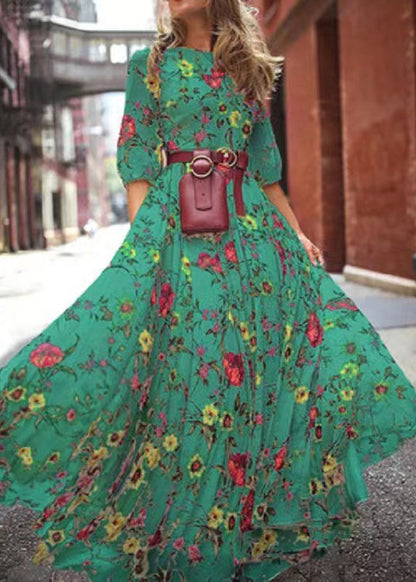 French Blue O-neck Print Chiffon Long Dresses Half Sleeve