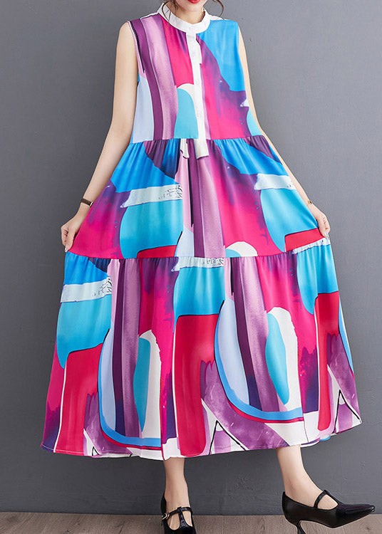 French Blue O-neck Print Patchwork Wrinkled Chiffon Maxi Dresses Summer