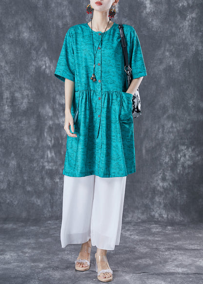 French Blue O-neck Print Pockets Cotton Holiday Dress Summer