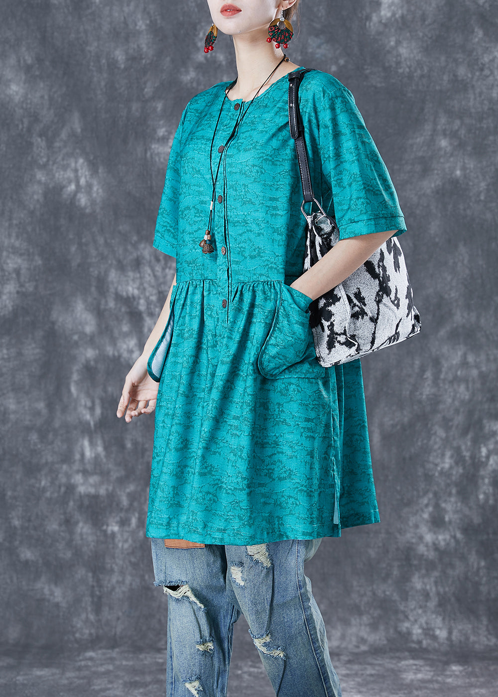 French Blue O-neck Print Pockets Cotton Holiday Dress Summer
