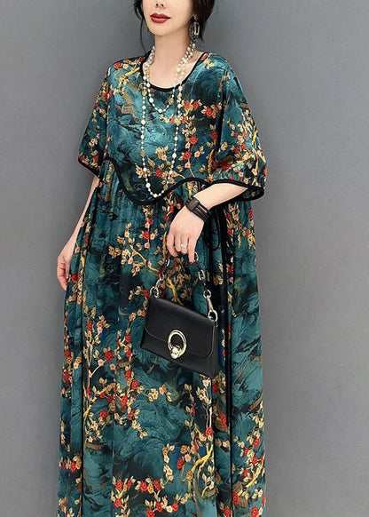 French Blue O Neck Print Wrinkled Patchwork Cotton Dresses Summer