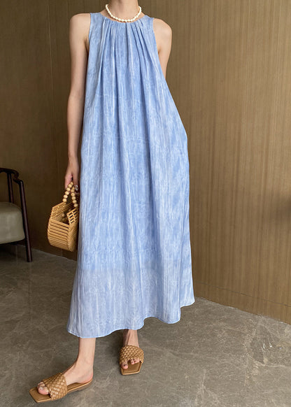 French Blue O Neck Wrinkled Cotton Holiday Dress Sleeveless