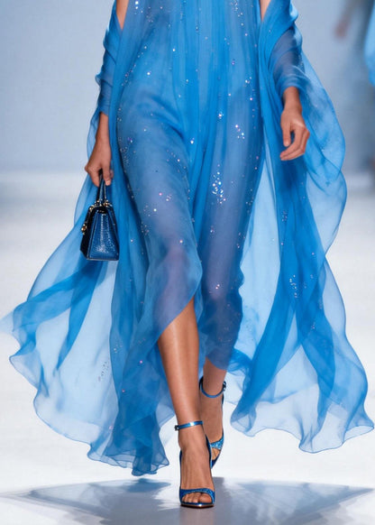 French Blue O Neck Zircon Patchwork Chiffon Dress Summer