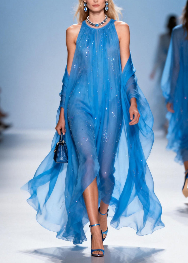 French Blue O Neck Zircon Patchwork Chiffon Dress Summer