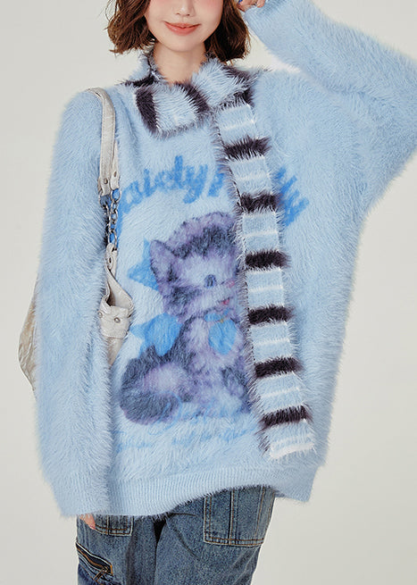 French Blue Oversized Cat Faux Mink Hair Knitted Sweaters Winter