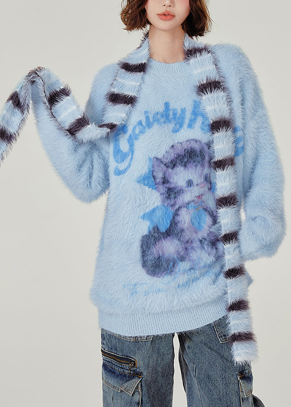 French Blue Oversized Cat Faux Mink Hair Knitted Sweaters Winter