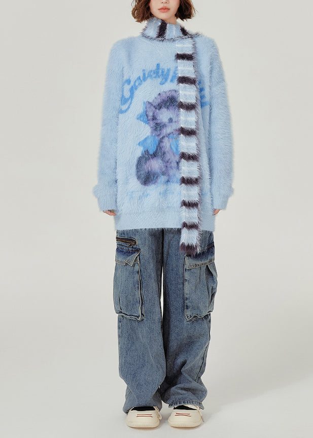 French Blue Oversized Cat Faux Mink Hair Knitted Sweaters Winter