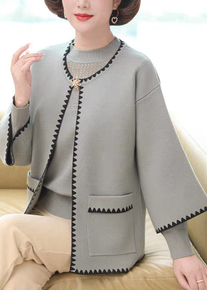 French Blue Patchwork Cotton Knit Cardigans and Sweaters Two Pieces Set Three Quarter Sleeve
