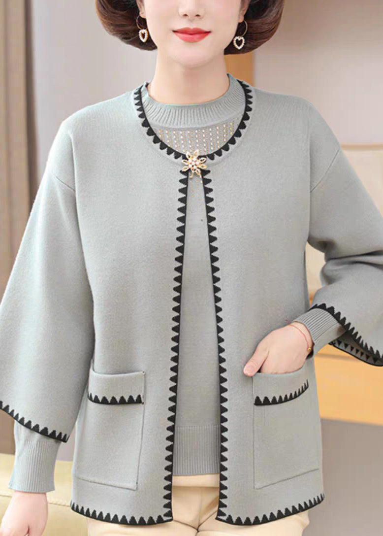 French Blue Patchwork Cotton Knit Cardigans and Sweaters Two Pieces Set Three Quarter Sleeve
