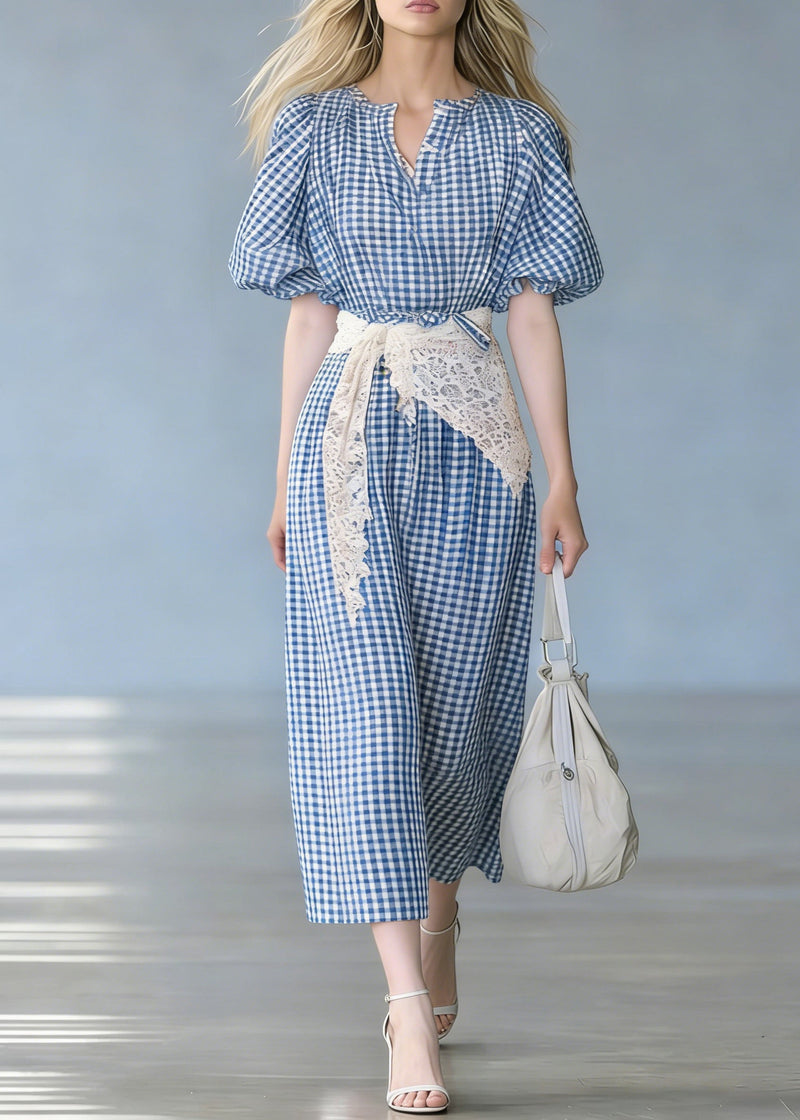French Blue Plaid Tie Waist Cotton Long Dresses Puff Sleeve