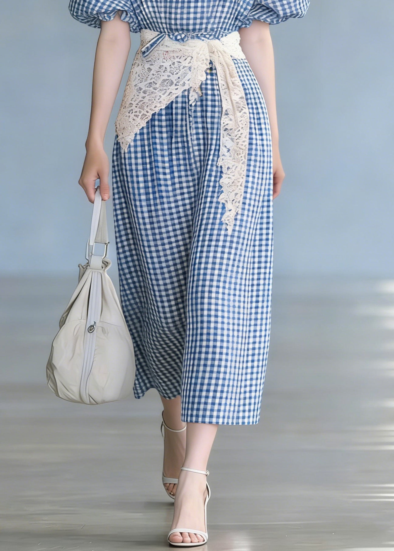 French Blue Plaid Tie Waist Cotton Long Dresses Puff Sleeve