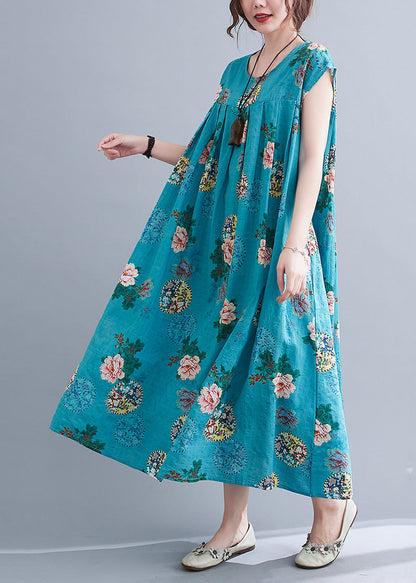 French Blue Pocket Print Cotton Vacation Dresses Short Sleeve