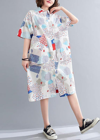 French Blue Print Cotton Long Shirts Summer Dress