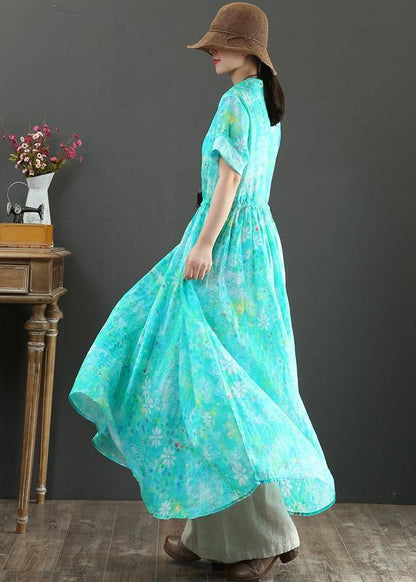 French Blue Print Tunic Pattern V Neck Drawstring Loose Summer Dress