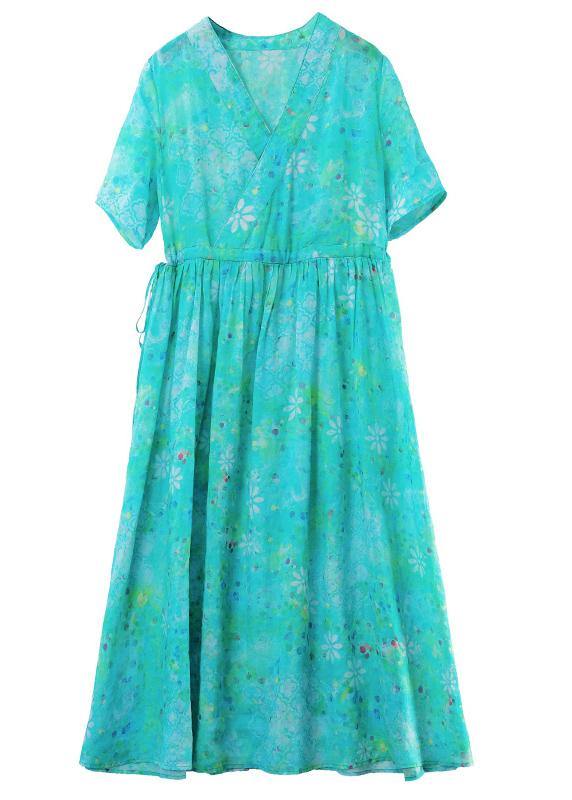 French Blue Print Tunic Pattern V Neck Drawstring Loose Summer Dress