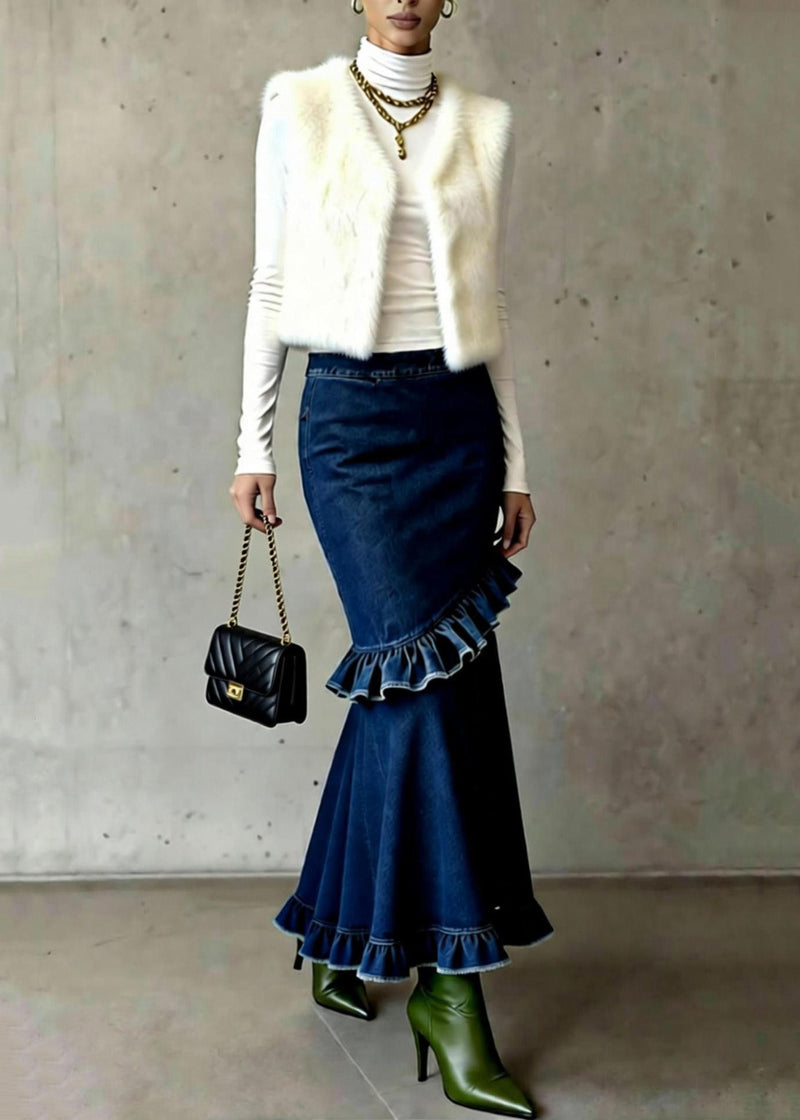 French Blue Ruffled Patchwork High Waist Denim Skirts Spring