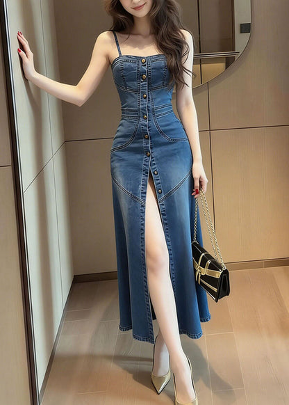 French Blue Side Open Denim Spaghetti Strap Dress Summer