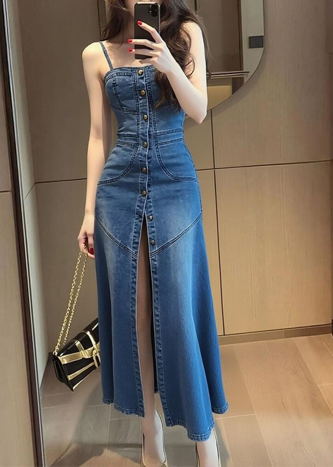 French Blue Side Open Denim Spaghetti Strap Dress Summer
