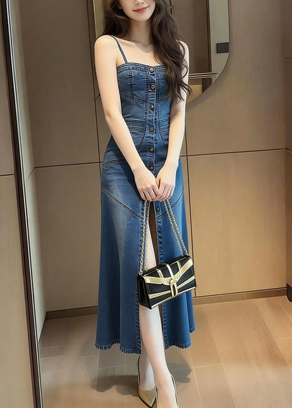 French Blue Side Open Denim Spaghetti Strap Dress Summer