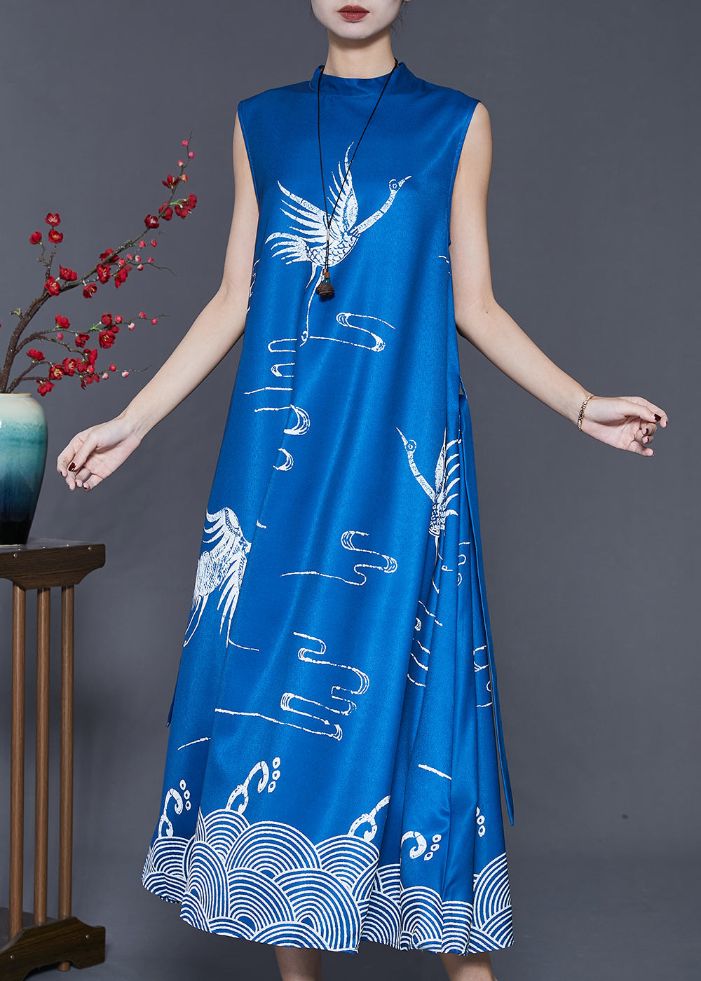 French Blue Stand Collar Print Cotton a Line Dress Sleeveless